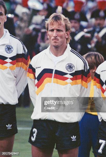 West German defender Andreas Brehme poses during the World Cup final between West Germany and Argentina on July 8, 1990 in Rome. West Germany earned...
