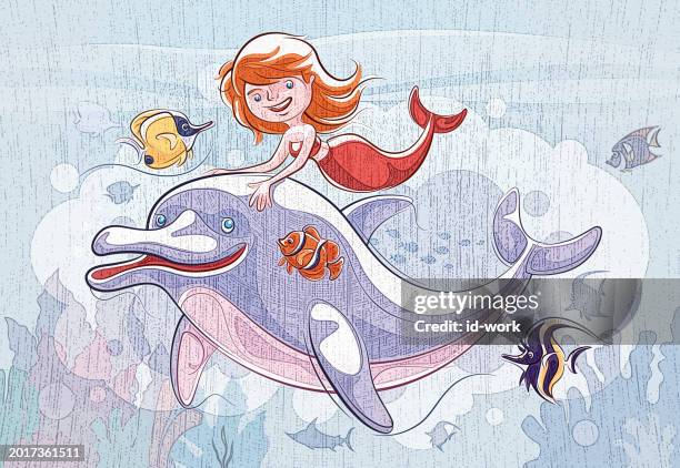 illustrazioni stock, clip art, cartoni animati e icone di tendenza di mermaid meeting dolphins and tropical fishes - images of cartoon mermaids
