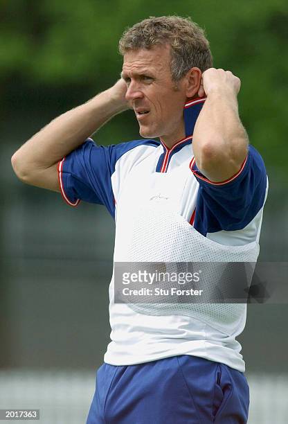 England wicketkeeper Alec Stewart folds his colar at nets prior to tomorrows First Test between England and Zimbabwe at Lords on May 21, 2003 in...