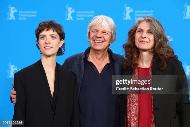 Liv Lisa Fries, Andreas Dresen and Laila Stieler pose at the "In Liebe, Eure Hilde" photocall during the 74th Berlinale International Film Festival...