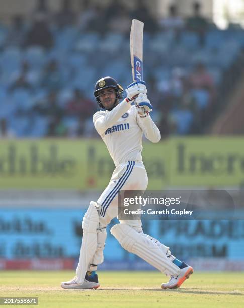 Shubman Gill of India bats during day three of the 3rd Test Match between India and England at Saurashtra Cricket Association Stadium on February 17,...