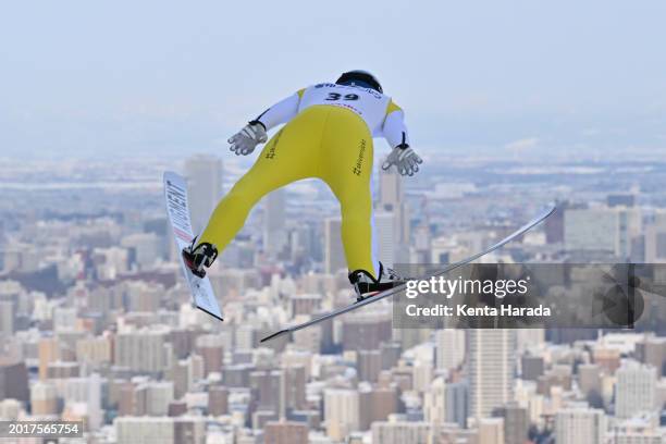 Daniel Tschofenig of Austria during the Trial Round of the Men's Large Hill at Okurayama Jump Stadium on February 17, 2024 in Sapporo, Hokkaido,...