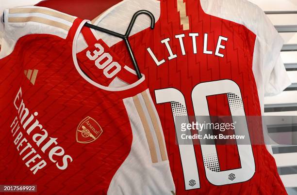 The shirt of Kim Little of Arsenal is displayed inside the Arsenal dressing room prior to the Barclays Women's Super League match between Arsenal FC...