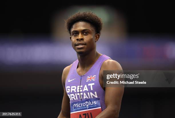 Jeremiahm Azu of Great Britain looks on in the Men's 60m Heats during day one of the Microplus UK Athletics Indoor Championships 2024 at Utilita...