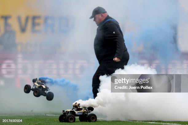 Supporter protest with remote controlled cars during the Second Bundesliga match between F.C. Hansa Rostock and Hamburger SV at Ostseestadion on...