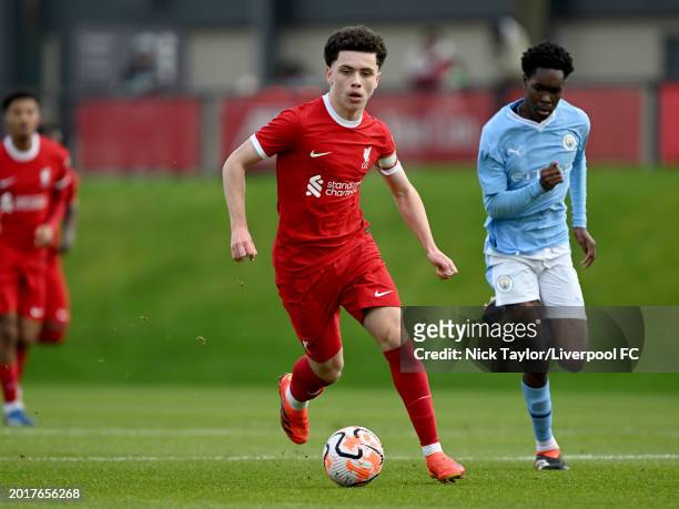 Kieran Morrison of Liverpool in action during the U18 Premier League game at AXA Training Centre on February 17, 2024 in Kirkby, England.