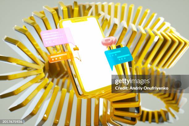 pop up chat icons over abstract smatphones - customer engagement stock pictures, royalty-free photos & images