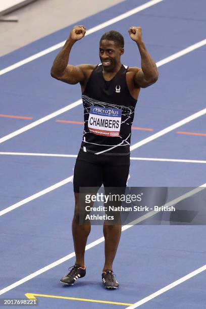 Dwain Chambers of Great Britain shows appreciation to the crowd after the Men's 60m Heats during day one of the Microplus UK Athletics Indoor...