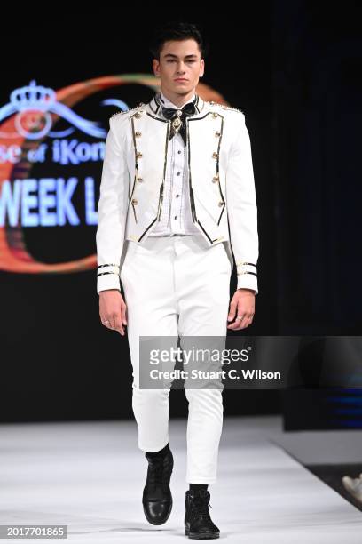Model walks the runway for Jhay Layson at the House of iKons show during London Fashion Week February on February 17, 2024 in London, England.