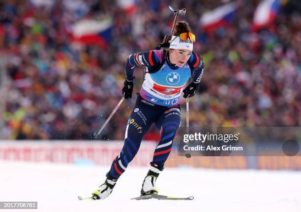 Lou Jeanmonnot of France competes during the Women's Relay in the IBU World Championships Biathlon Nove Mesto na Morave on February 17, 2024 in Nove...