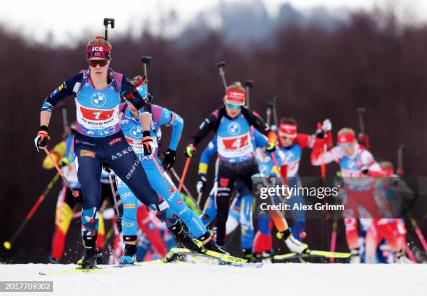 Karoline Offigstad Knotten of Norway competes during the Women's Relay in the IBU World Championships Biathlon Nove Mesto na Morave on February 17,...