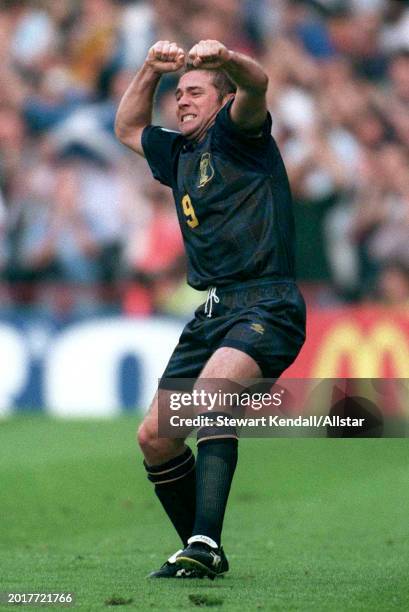 June 18: Ally Mccoist of Scotland celebrates during the UEFA Euro 1996 Group A match between Scotland and Switzerland at Villa Park on June 18, 1996...