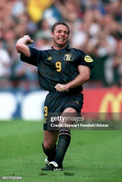 June 18: Ally Mccoist of Scotland celebrates during the UEFA Euro 1996 Group A match between Scotland and Switzerland at Villa Park on June 18, 1996...