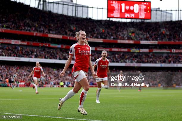 Cloe Lacasse of Arsenal celebrates scoring her team's second goal during the Barclays Women's Super League match between Arsenal FC and Manchester...