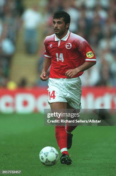 June 18: Kubilay Turkyilmaz of Switzerland on the ball during the UEFA Euro 1996 Group A match between Scotland and Switzerland at Villa Park on June...