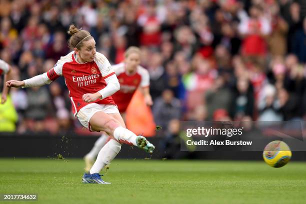 Kim Little of Arsenal scores her team's third goal from the penalty spot during the Barclays Women's Super League match between Arsenal FC and...