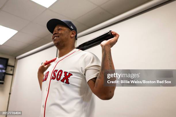 Rafael Devers of the Boston Red Sox poses during team photo day before a spring training team workout on February 20, 2024 at JetBlue Park at Fenway...