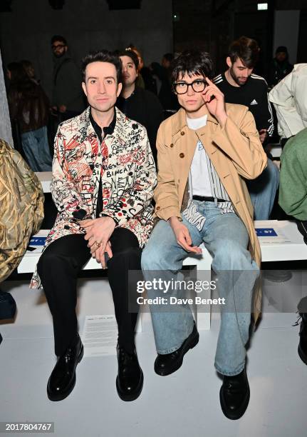 Nick Grimshaw and Snake Denton attend the Robyn Lynch show during London Fashion Week February 2024 at the BFC NEWGEN Show Space on February 17, 2024...