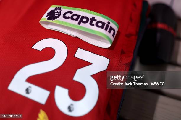 The shorts and captains armband of Max Kilman is displayed inside the Wolverhampton Wanderers dressing room prior to the Premier League match between...