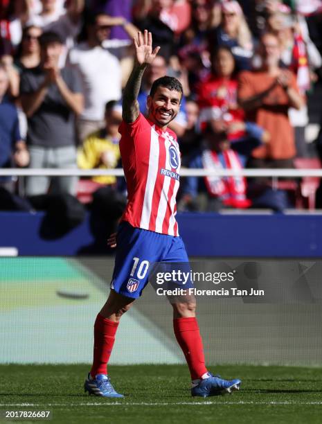 Angel Correa of Atletico Madrid celebrates scoring his team's third goal during the LaLiga EA Sports match between Atletico Madrid and UD Las Palmas...
