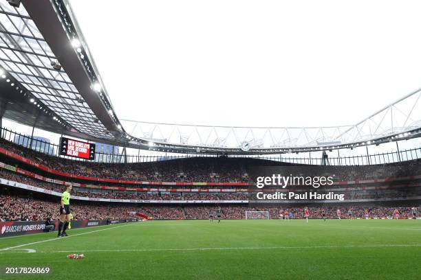 General view of the scoreboard which reads "New Barclays WSL Record 60,160" can be seen during the Barclays Women's Super League match between...