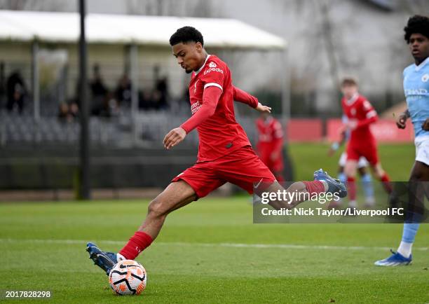 Kyle Kelly of Liverpool in action during the U18 Premier League game at AXA Training Centre on February 17, 2024 in Kirkby, England.