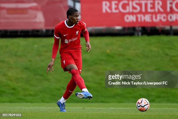 Louis Enahoro-Marcus of Liverpool in action during the U18 Premier League game at AXA Training Centre on February 17, 2024 in Kirkby, England.