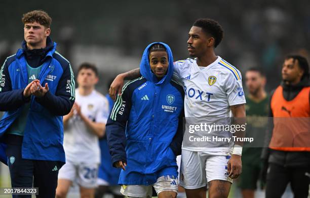 Junior Firpo and Crysencio Summerville of Leeds United celebrate following the Sky Bet Championship match between Plymouth Argyle and Leeds United at...