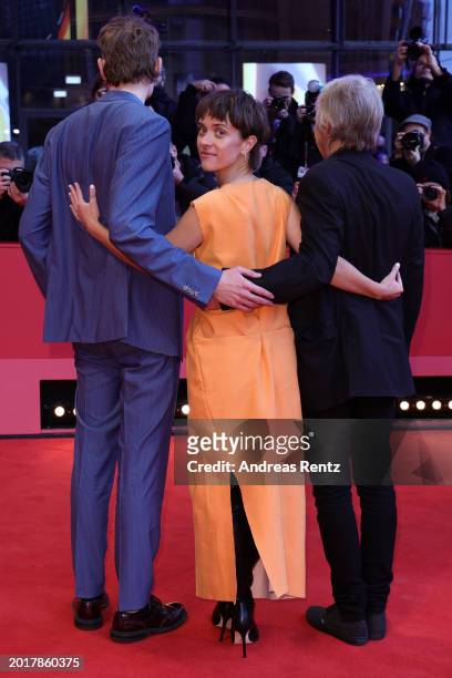 Johannes Hegemann, Liv Lisa Fries and Andreas Dresen attend the "In Liebe, Eure Hilde" premiere during the 74th Berlinale International Film Festival...