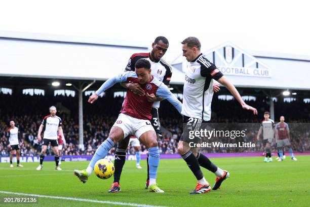 Jacob Ramsey of Aston Villa is challenged by Issa Diop and ful21during the Premier League match between Fulham FC and Aston Villa at Craven Cottage...