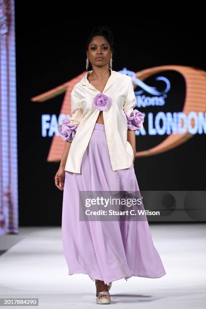 Model walks the runway for Sonata at the House of iKons show during London Fashion Week February on February 17, 2024 in London, England.