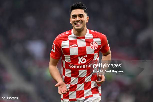 Nadiem Amiri of 1.FSV Mainz 05 looks on during the Bundesliga match between 1. FSV Mainz 05 and FC Augsburg at MEWA Arena on February 17, 2024 in...