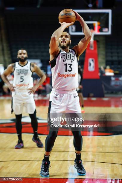 Kevin Obanor of the Raptors 905 shoots a free throw during the game against the Windy City Bulls on February 11, 2024 at NOW Arena in Hoffman...