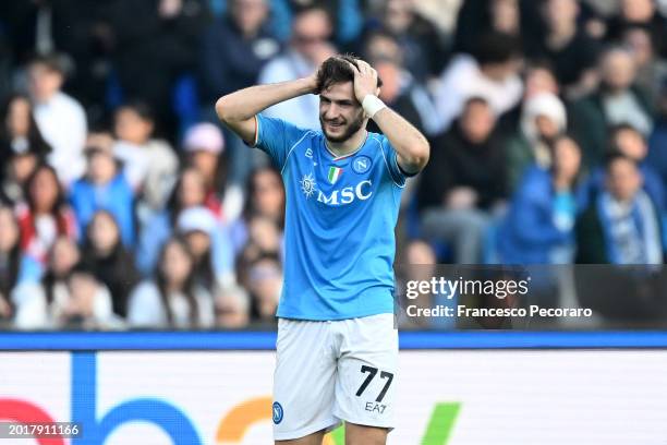 Khvicha Kvaratskhelia of SSC Napoli shows his disappointment during the Serie A TIM match between SSC Napoli and Genoa CFC - Serie A TIM at Stadio...