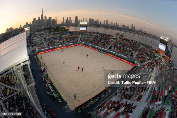 General view inside the stadium during the FIFA Beach Soccer World Cup UAE 2024 Group A match between United Arab Emirates and USA at Dubai Design...