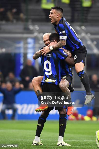 Marcus Thuram of FC Internazionale, Lautaro Martinez of FC Internazionale, Federico Dimarco of FC Internazionale celebrates after the own gol by...