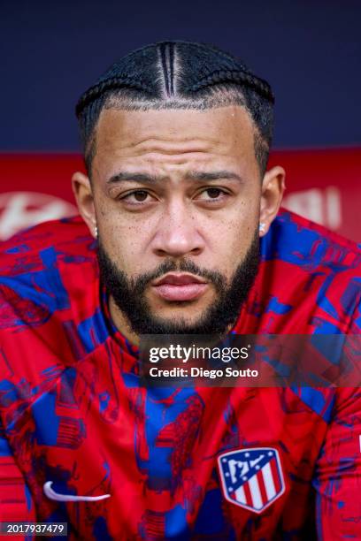 Memphis Depay of Atletico de Madrid looks on with new hair style prior the game the LaLiga EA Sports match between Atletico Madrid and UD Las Palmas...