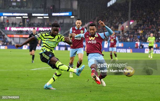 Bukayo Saka of Arsenal scores his team's third goal during the Premier League match between Burnley FC and Arsenal FC at Turf Moor on February 17,...