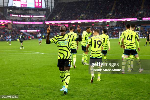 Bukayo Saka of Arsenal celebrates after scoring his team's third goal during the Premier League match between Burnley FC and Arsenal FC at Turf Moor...