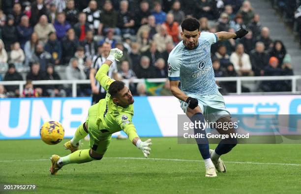 Dominic Solanke of AFC Bournemouth scores his team's first goal against Martin Dubravka of Newcastle United during the Premier League match between...