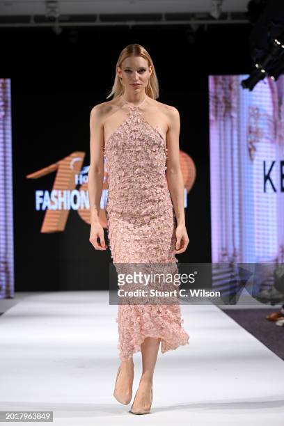Model walks the runway for Kearnna Rhea at the House of iKons show during London Fashion Week February on February 17, 2024 in London, England.