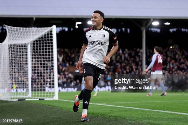 Rodrigo Muniz of Fulham celebrates scoring his team's first goal during the Premier League match between Fulham FC and Aston Villa at Craven Cottage...