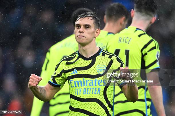 Leandro Trossard of Arsenal celebrates after scoring his team's fourth goal during the Premier League match between Burnley FC and Arsenal FC at Turf...