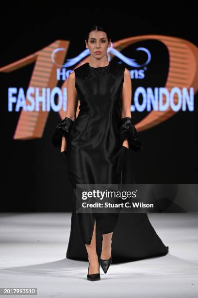 Model walks the runway for House of Laith at the House of iKons show during London Fashion Week February on February 17, 2024 in London, England.