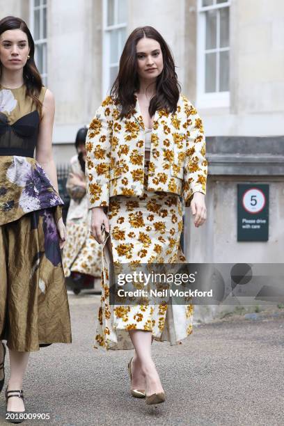 Lily James attends Erdem at the British Museum during London Fashion Week February 2024 on February 17, 2024 in London, England.