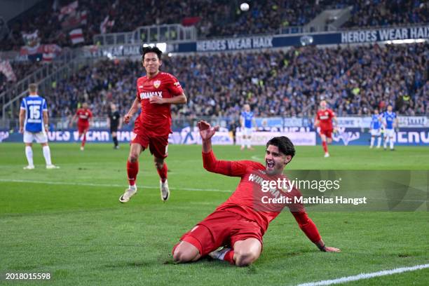 Mahmoud Dahoud of VfB Stuttgart celebrates scoring his team's second goal during the Bundesliga match between SV Darmstadt 98 and VfB Stuttgart at...