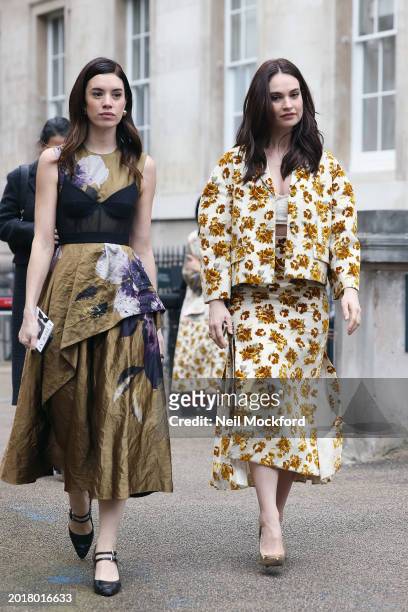 Gala Gordon and Lily James attend Erdem at the British Museum during London Fashion Week February 2024 on February 17, 2024 in London, England.