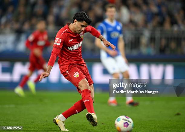 Mahmoud Dahoud of VfB Stuttgart scores his team's second goal during the Bundesliga match between SV Darmstadt 98 and VfB Stuttgart at Merck-Stadion...