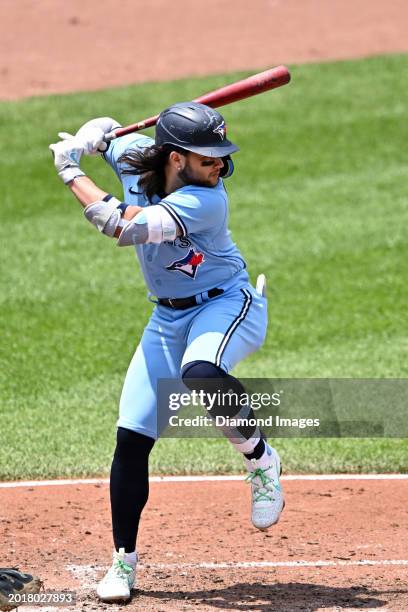 Bo Bichette of the Toronto Blue Jays bats during the third inning against the Baltimore Orioles at Oriole Park at Camden Yards on June 15, 2023 in...