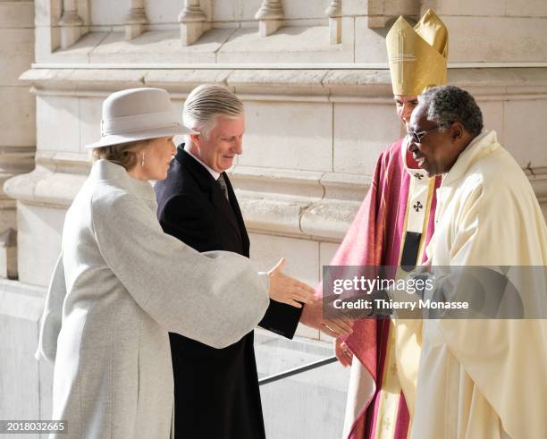 Queen Mathilde of Belgium and the King Philippe of Belgium are welcome by the Archbishop of Mechelen-Brussels Luc Terlinden as they come for the...